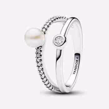 Anello Doppia Fascia con Perla d’Acqua Dolce Coltivata e Pavè