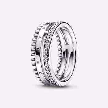 Anello Tripla Fascia con Logo, Pavé e Sfere