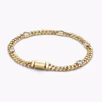 Bracciale Catena Maglia Cubana con Cuori-Oro