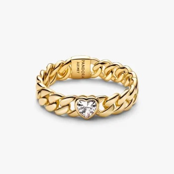 Anello Catena Maglia Cubana con Cuore-Oro