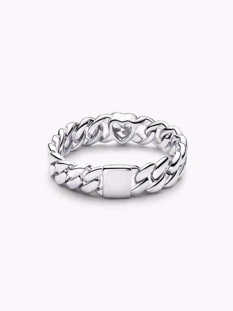 Anello Catena Maglia Cubana con Cuore_1