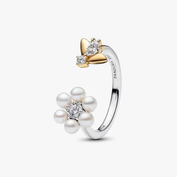 Bridgerton, Anello Aperto Ape e Fiore con Perle d'Acqua Dolce Coltivate